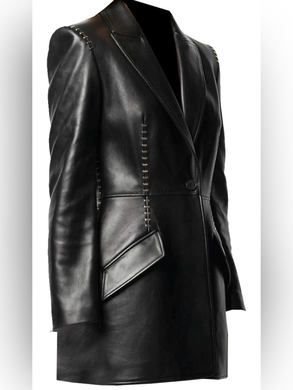 Studded Genuine Lambskin Leather Blazer Coat Black One Button Long Jacket XS-3XL - Picture 2 of 4